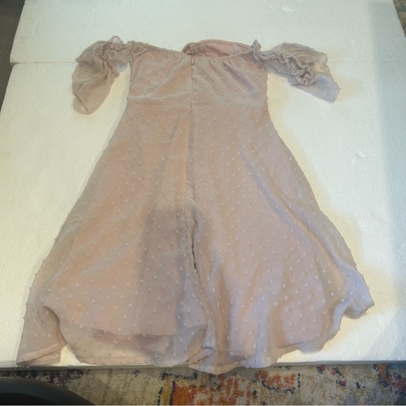 Double zero off the shoulder ruched draw front Swiss dot pink mini dress - Picture 9 of 10